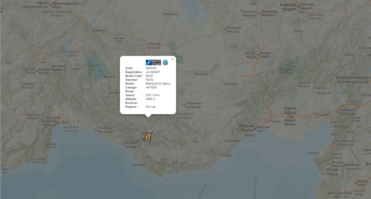 Eastern Mediterranean activity: NATO E-3A Sentry NATO08 USAF RC-135V Rivet Joint IMINO11 IAF Gulfstream G550 Nachshon Shavit (679) IAF  Gulfstream G550 Nachshon Shavit (676)   