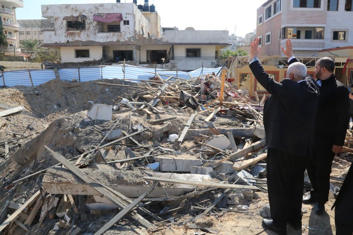 Hamas political chief Ismail Haniya visited site of his office that was destroyed in an Israeli army strike. Gaza   