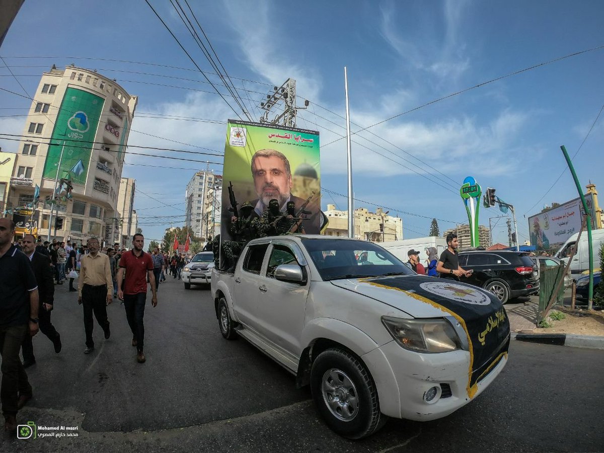 PIJ parade in Gaza mourning the death of Ramadan Shallah, the former leader of Palestinian Islamic Jihad.  9:00PM seen on the large poster, the time PIJ usually fires rockets at Israel