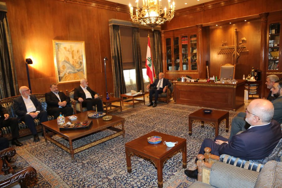 Hamas' leader Ismail Haniyeh is making the rounds in Beirut-his first trip there in 27 years. He's receiving a big reception. Here he is meeting with the speaker of Lebanon's parliament Nabih Berri