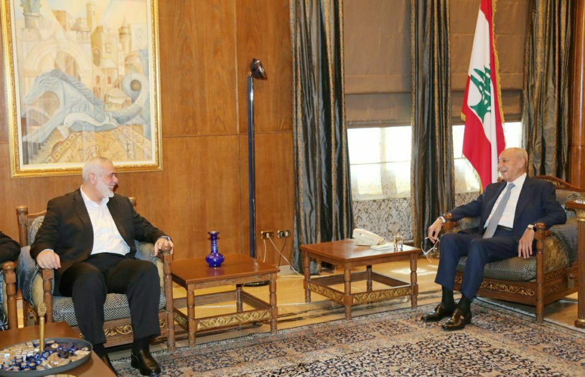 Hamas' leader Ismail Haniyeh is making the rounds in Beirut-his first trip there in 27 years. He's receiving a big reception. Here he is meeting with the speaker of Lebanon's parliament Nabih Berri