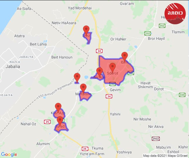 Areas where rocket sirens are sounding currently