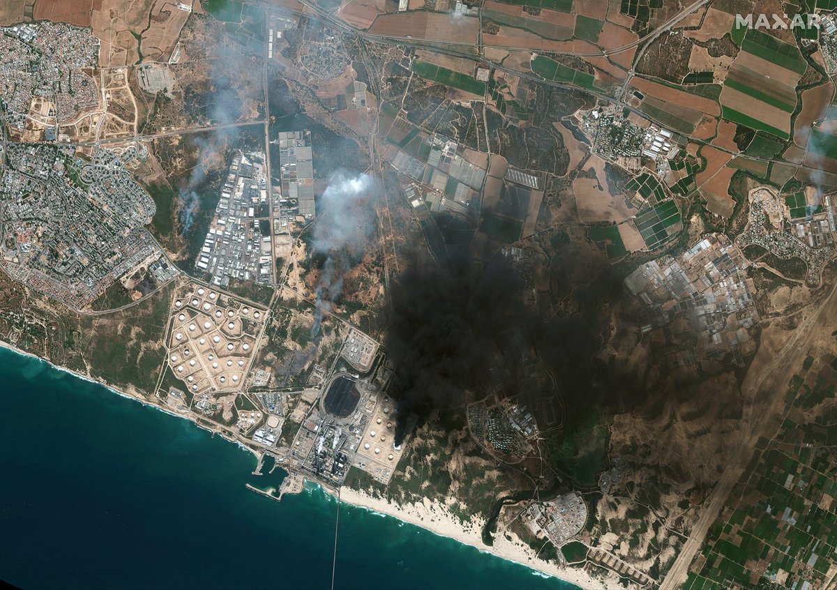 Maxar: Satellite imagery from May 12th, of southern Israel and Gaza that reveals the effects of the escalating conflict. Fire and smoke can be seen from recent rocket attacks as well as several buildings that have been demolished in Gaza