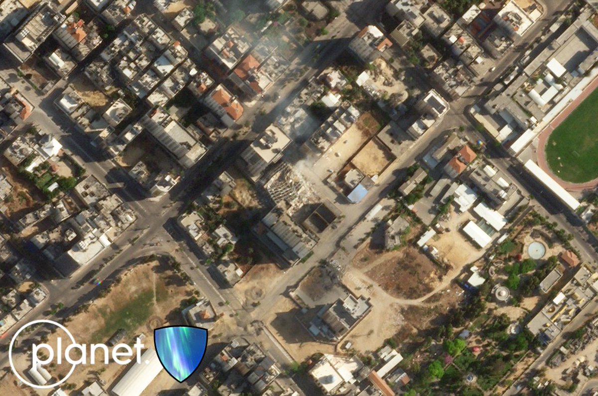 Several locations within Gaza City caught on satellite Imagery, showing impact craters targeting suspected launch positions, a launch position and Al-Jalaa Tower, Satellite Imagery courtesy of @planet