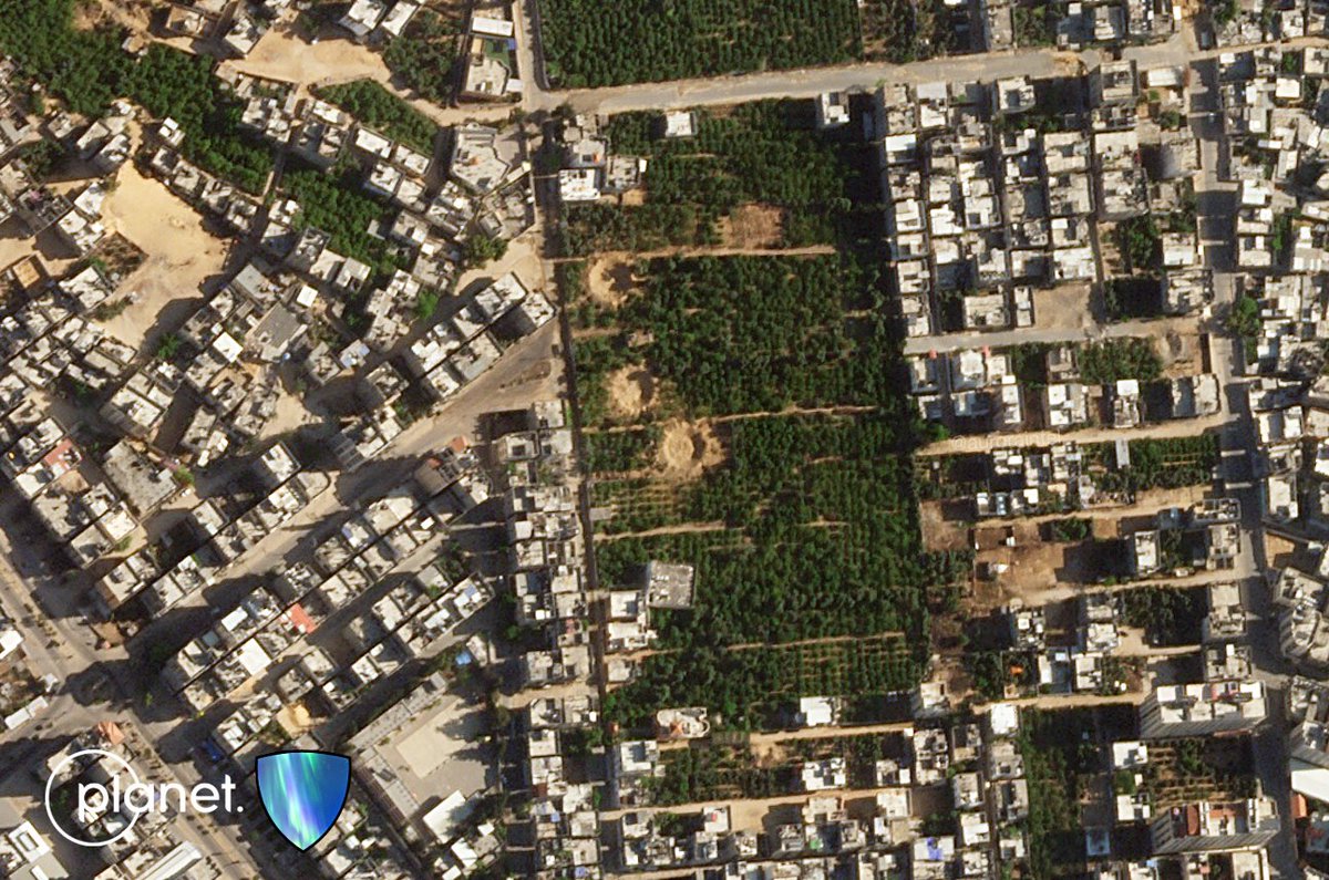 Several locations within Gaza City caught on satellite Imagery, showing impact craters targeting suspected launch positions, a launch position and Al-Jalaa Tower, Satellite Imagery courtesy of @planet