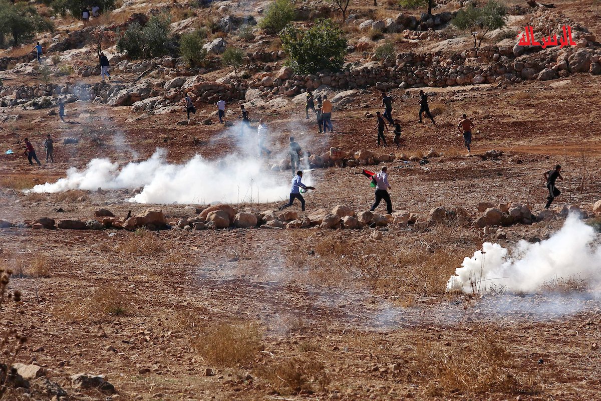 صور  متظاهرون فلسطينيون يشتبكون مع قوات  في أعقاب مظاهرة ضد إقامة بؤر استيطانية إسرائيلية على الأراضي الفلسطينية في بيت دجن شرق نابلس بالضفة الغربية
