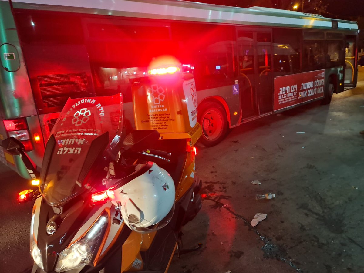 UH volunteer EMTs treated a bus driver in his 40s for light injuries after his bus was hit by a firebomb - molotov cocktail - near the Makassed Hospital in the neighborhood of A-Tur by the Mount of Olives in North-East Jerusalem