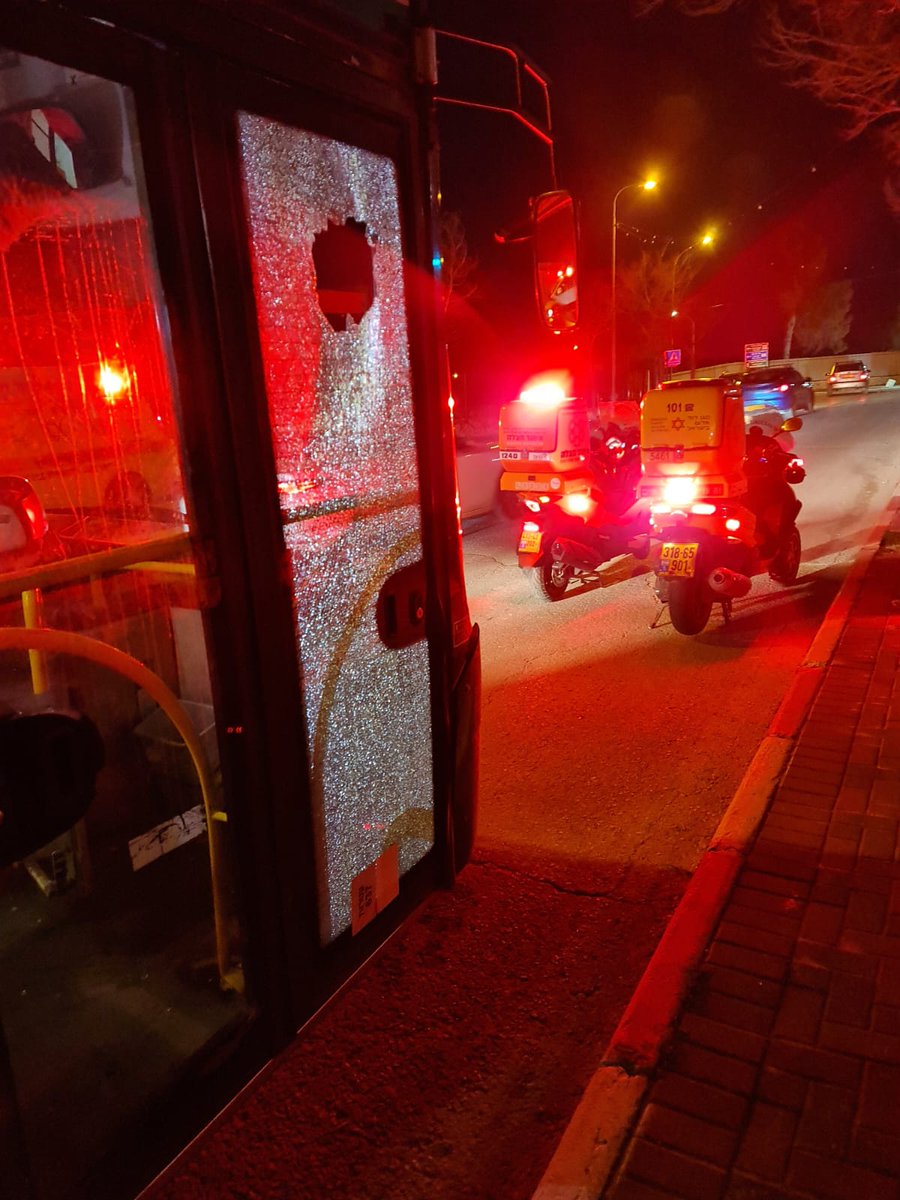 UH volunteer EMTs treated a bus driver in his 40s for light injuries after his bus was hit by a firebomb - molotov cocktail - near the Makassed Hospital in the neighborhood of A-Tur by the Mount of Olives in North-East Jerusalem