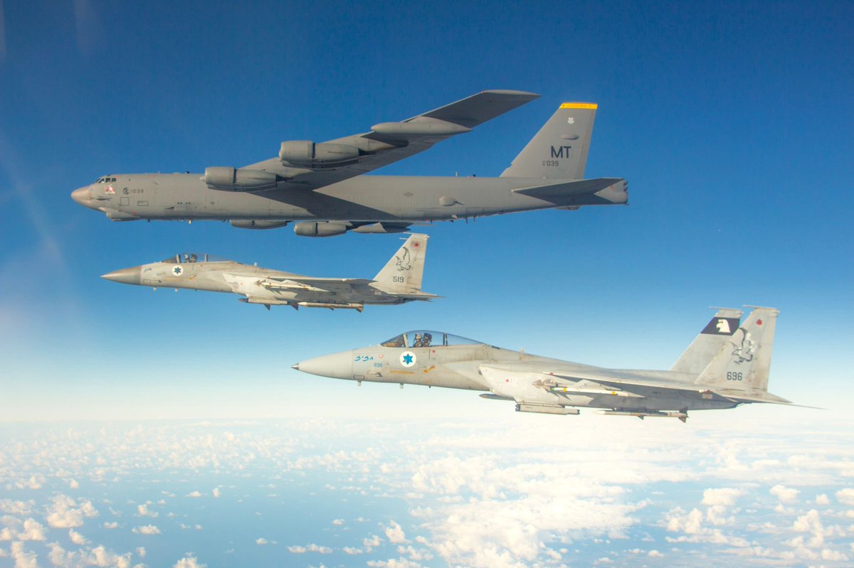 The @Israeli army says its F-15 fighter jets escorted an American B-52 bomber through Israel's skies on its way from the Persian Gulf earlier today. The joint flight shows our close cooperation with @usairforce & importance of maintaining Israel's security & stability in Middle East