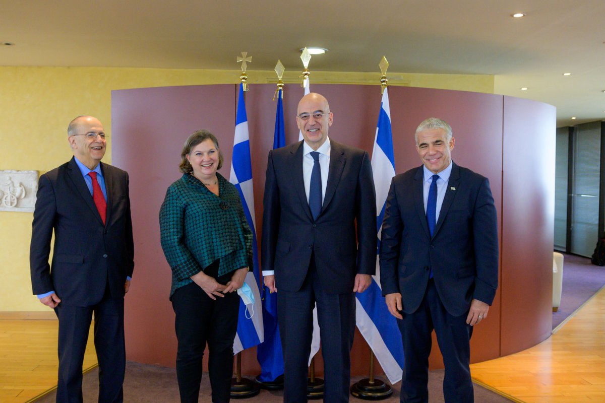 Athens: l Greek FMs @NikosDendias, Cyprus @IKasoulides and Israel @yairlapid had a brief meeting with  US @UnderSecStateP V.Nuland