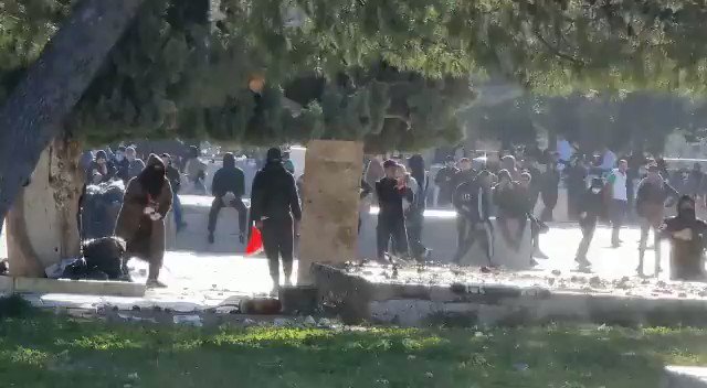 Violent confrontations inside the courtyards of the Al-Aqsa Mosque. The clashes began around 4 a.m.