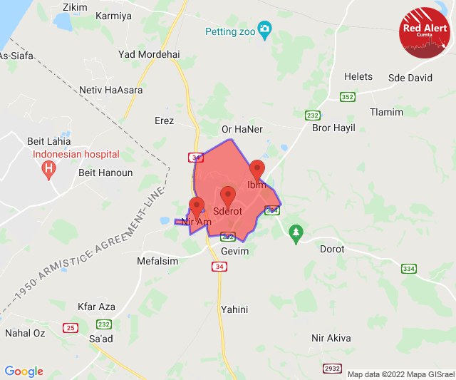 Red Alert in Israel: 22:33 Local / 1933Z Sderot, Ibim, Nir Am