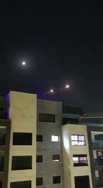 Large barrage of rockets fired by Palestinian Islamic Jihad in Gaza being intercepted by the Iron Dome over Sderot, Israel