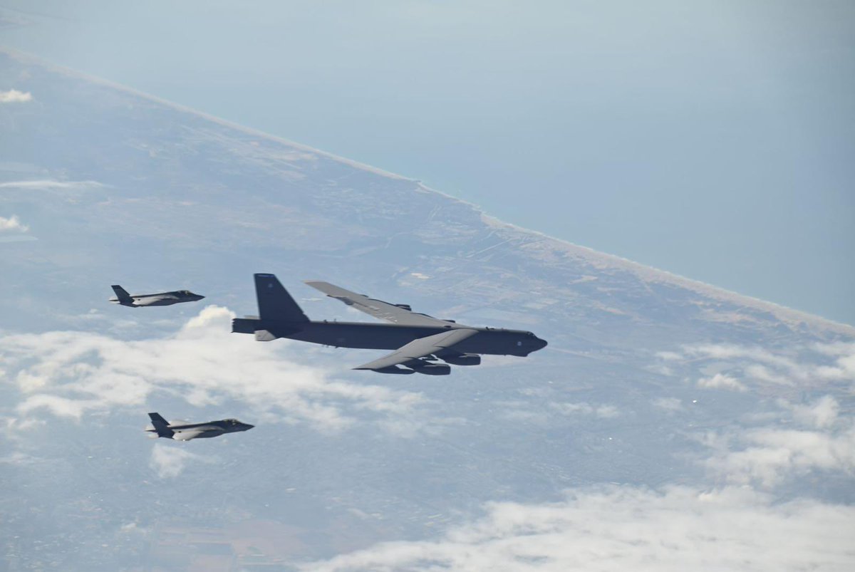 Israel Defense Forces:2 Israeli army F-35i Adir aircraft escorted 2 U.S. B-52 bombers assigned to @CENTCOM through Israel's skies.  As part of the increasing cooperation with the U.S. Armed Forces, this flight is part of a series of joint exercises to strengthen our readiness toward all scenarios