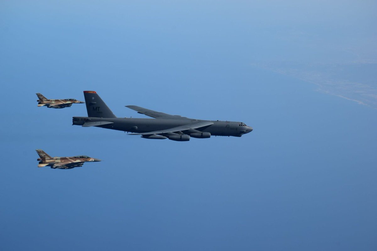 2 IAF F-16 Barak fighter jets accompanied two U.S. B-52 bombers through Israel's skies today, as part of the close cooperation with the U.S. Armed Forces, which is a significant component in maintaining the aerial security of the State of Israel and the Middle East