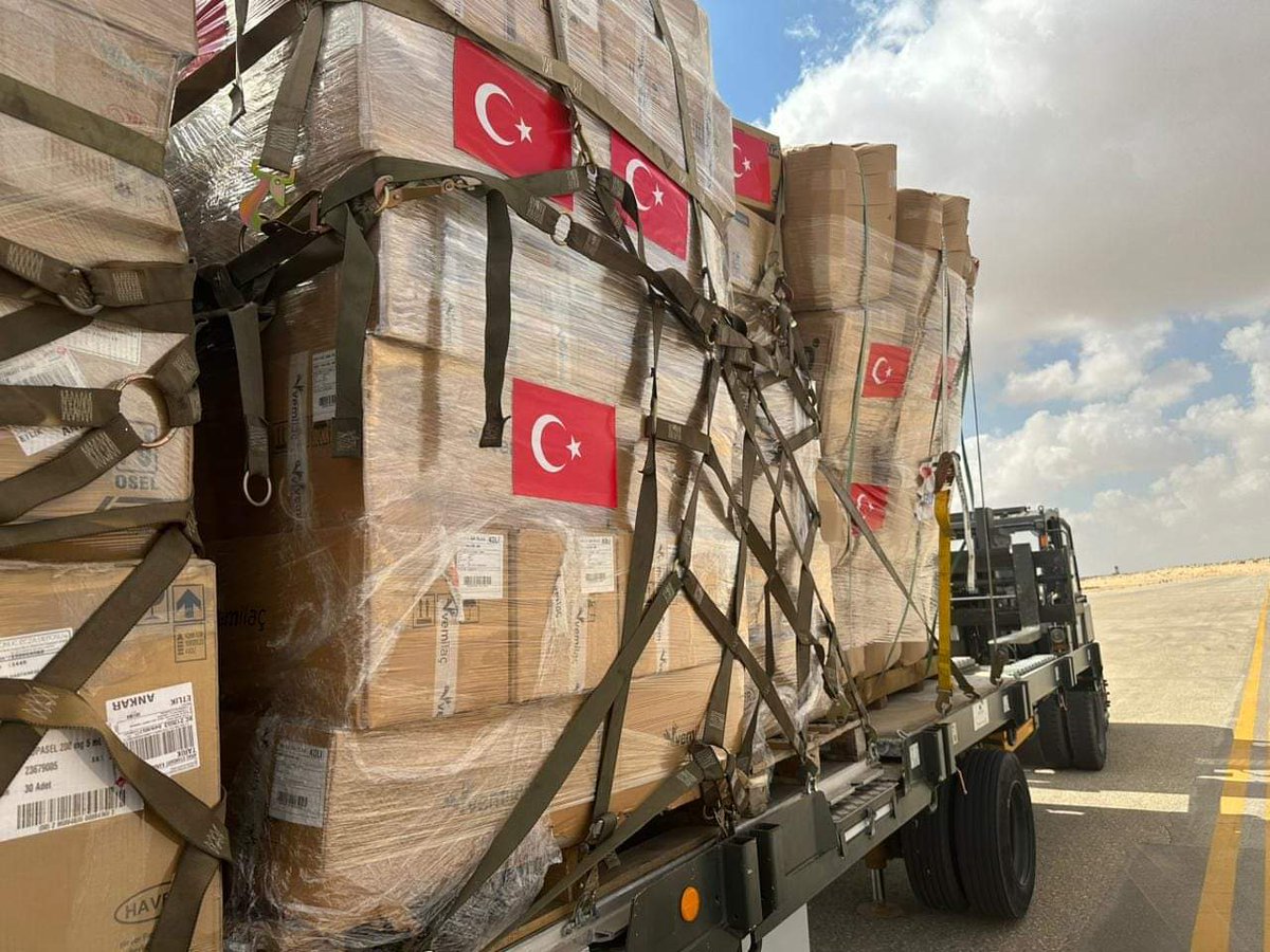 The arrival of a Turkish Atlas military transport plane to Al-Arish International Airport, carrying food and medical aid to the Gaza Strip, which will be sent through the Rafah land crossing in coordination with the Egyptian authorities. 