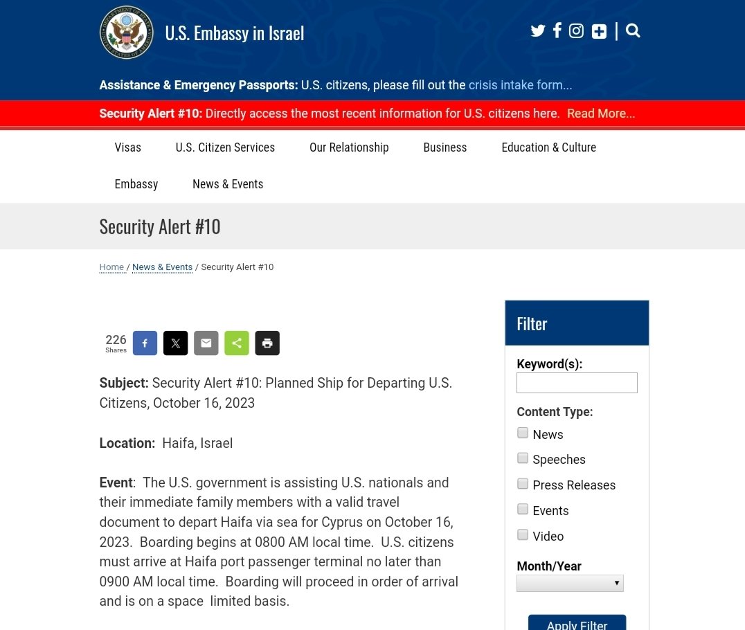 After limited charter flights, the US Embassy is now planning to evacuate American citizens in Israel on a ship  leaving Haifa tomorrow for Cyprus