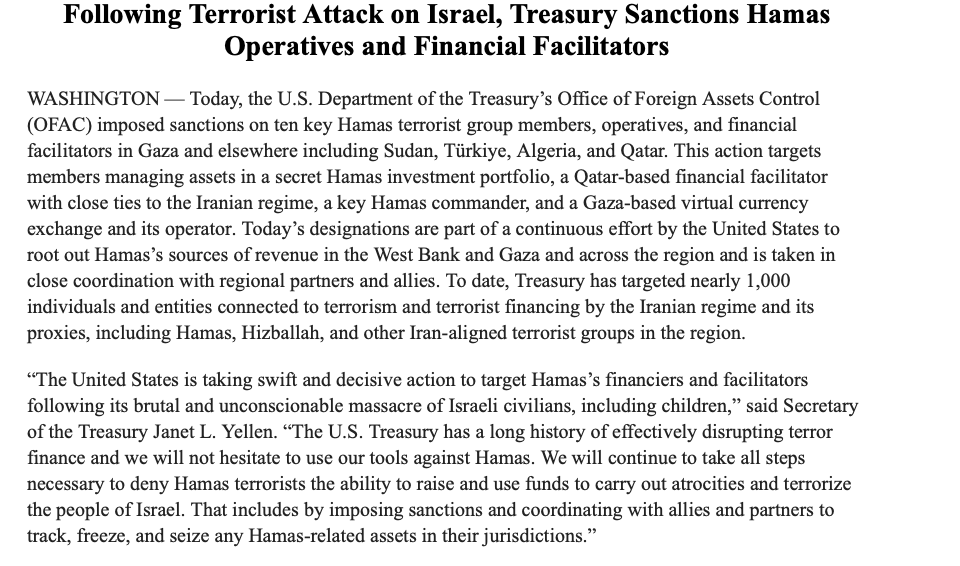 Treasury imposes sanctions on 10 Hamas members and financial facilitators in Gaza and elsewhere including Sudan, Turkey, Algeria and Qatar