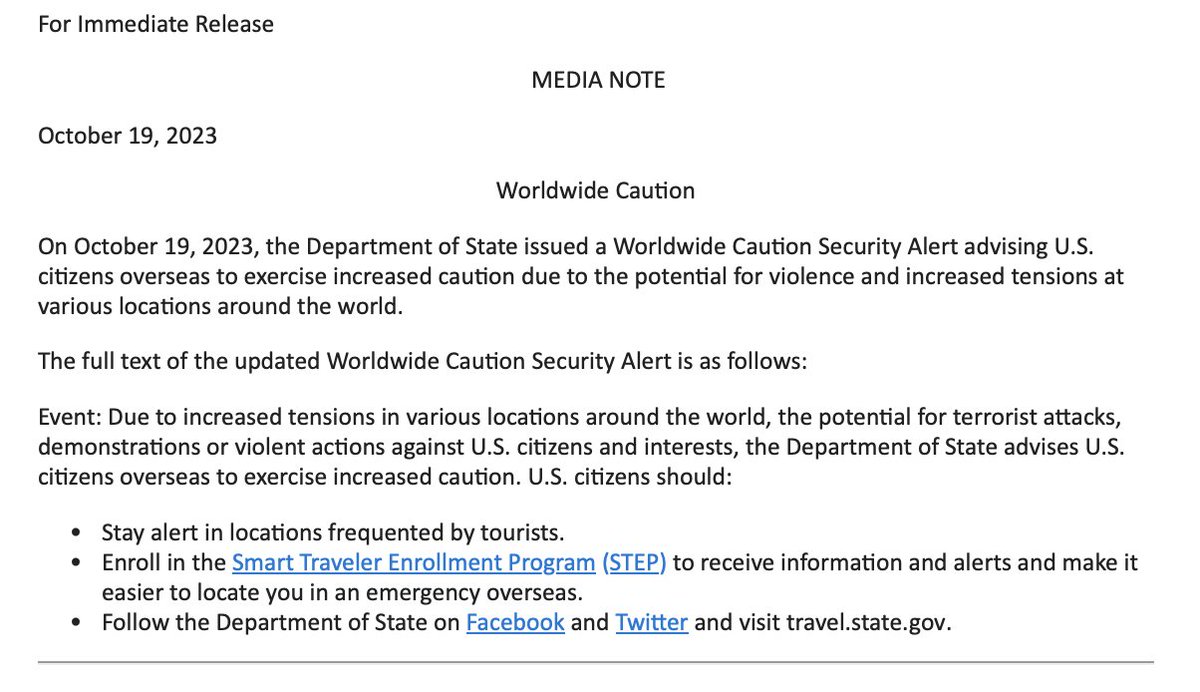 .@StateDept issues Worldwide Caution Security Alert for US citizens Due to increased tensions in various locations around the world, the potential for terrorist attacks, demonstrations or violent actions.exercise increased caution