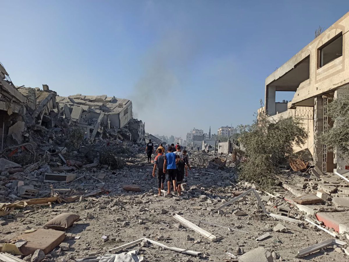 Destruction that befell residential towers in the city of Al-Zahraa in the middle of the Gaza Strip, as a result of the bombing by warplanes.