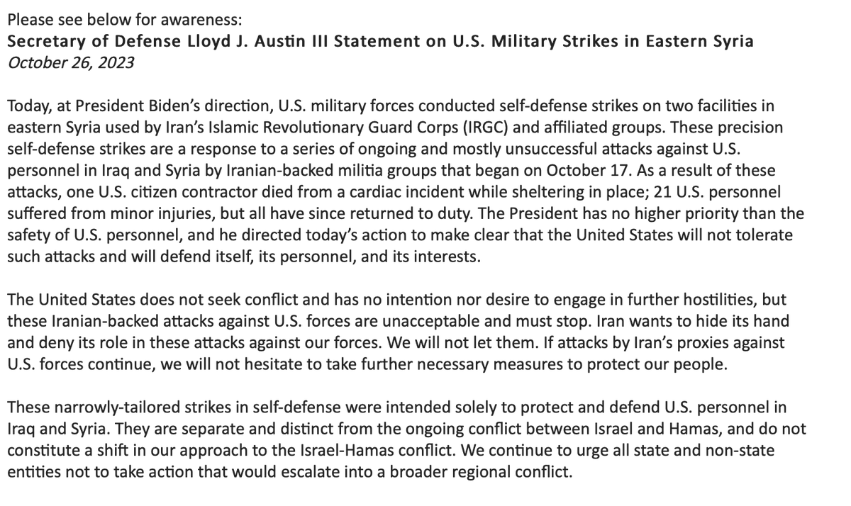 Now @SecDef has also confirmed that US forces conducted self-defense strikes on two facilities in eastern Syria used by Iran IRGC