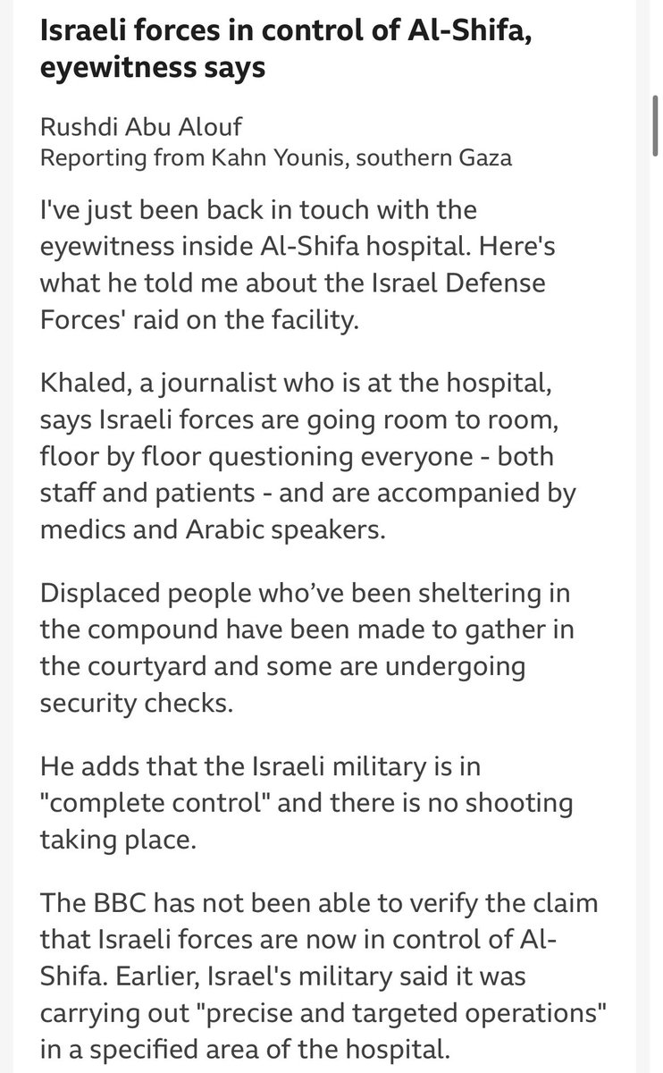 Israeli forces are now in control of Al-Shifa in Gaza, eyewitness tells BBC
