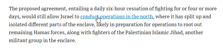 WSJ: Hostage deal would involve a daily six-hour cessation of fighting for four or more days, would still allow Israel to conduct operations in the north
