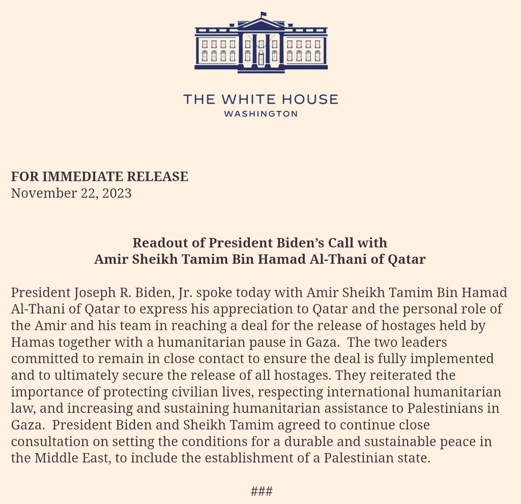 Readout of President Biden’s Call with Amir Sheikh Tamim Bin Hamad Al-Thani of Qatar regarding the hostage deal released just after the Israeli Prime Minister’s Office announced a delay in the implementation of the deal
