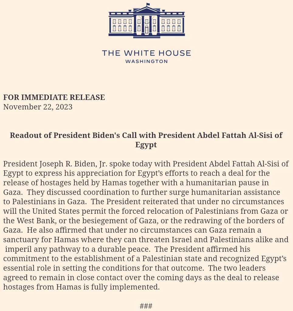 Readout of President Biden's Call with President Abdel Fattah Al-Sisi of Egypt regarding the hostage deal released just after the Israeli Prime Minister’s Office announced a delay in the implementation of the deal