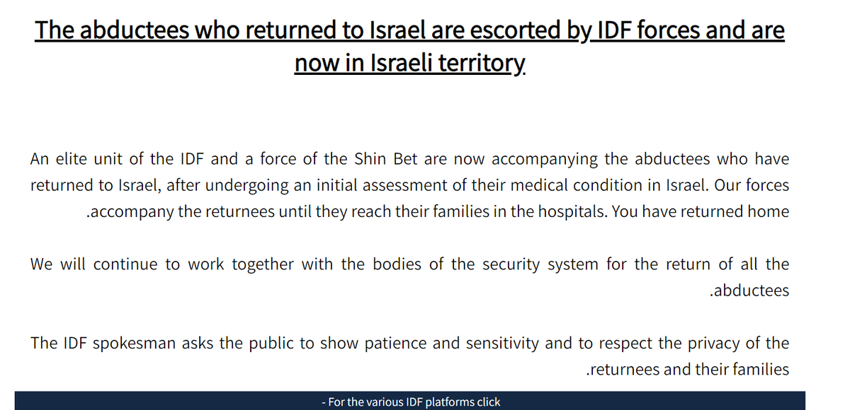 Official confirmation by the Israeli army that the 13 Israeli hostages are in Israel [statement automatically translated]