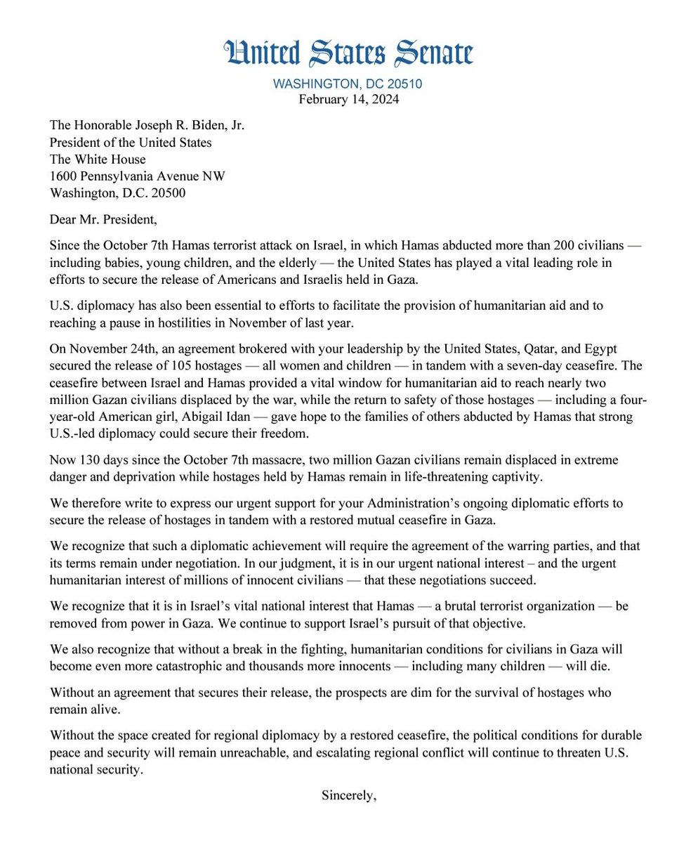 U.S. Senators Jon Ossoff and Raphael Warnock led 25 Senators in a letter to President Biden supporting ongoing U.S. efforts to secure the release of hostages for a temporary ceasefire in Gaza: It is in our urgent national interest that these negotiations succeed