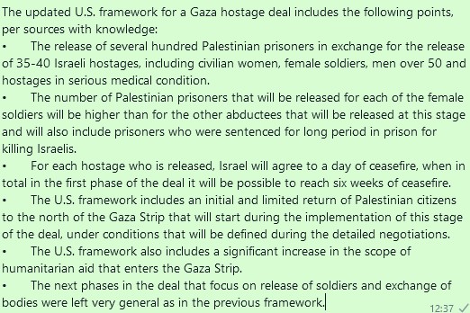 The updated U.S. framework for a Gaza hostage deal, per sources familiar with the issue: