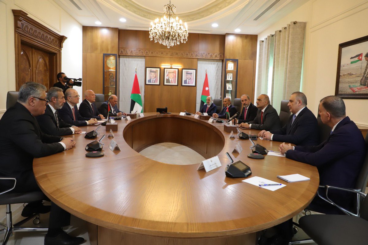Prime Minister Dr. Bisher Al-Khasawneh receives his Palestinian counterpart, Muhammad Mustafa, and affirms Jordan's continued efforts under the leadership of His Majesty King Abdullah II to support Palestinian rights and immediately stop the brutal Israeli aggression against Gaza.