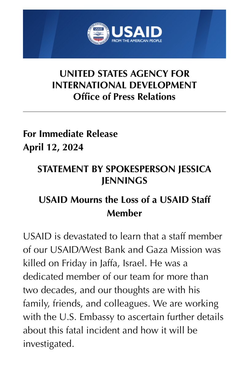 A @USAID staffer was killed in Jaffa yesterday, the agency says.  He was a dedicated member of our team for more than two decades, USAID spox says. We are working with the U.S. Embassy to ascertain further details about this fatal incident and how it will be investigated