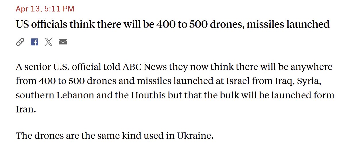 ABC News: US officials think there will be 400 to 500 drones, missiles launched