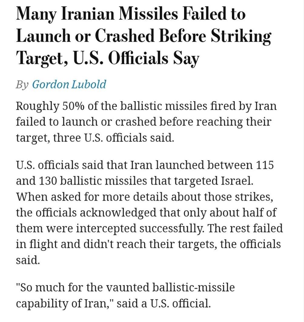 50% of the Iranian ballistic missiles targeting Israel failed to launch or crashed before reaching their destination: Three US officials to WSJ