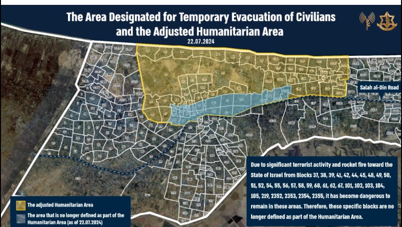 “The IDF is about to forcefully operate against the terrorist organizations and therefore calls on the remaining population left in the eastern neighborhoods of Khan Yunis to temporarily evacuate to the adjusted Humanitarian Area in Al-Mawasi. The calls for the temporary evacuation are being communicated to residents through SMS messages, phone calls and media broadcasts in Arabic. The IDF will continue to act against the Hamas terrorist organization, which uses the Gazan civilians as a human shield for its terrorist activities and infrastructure.”