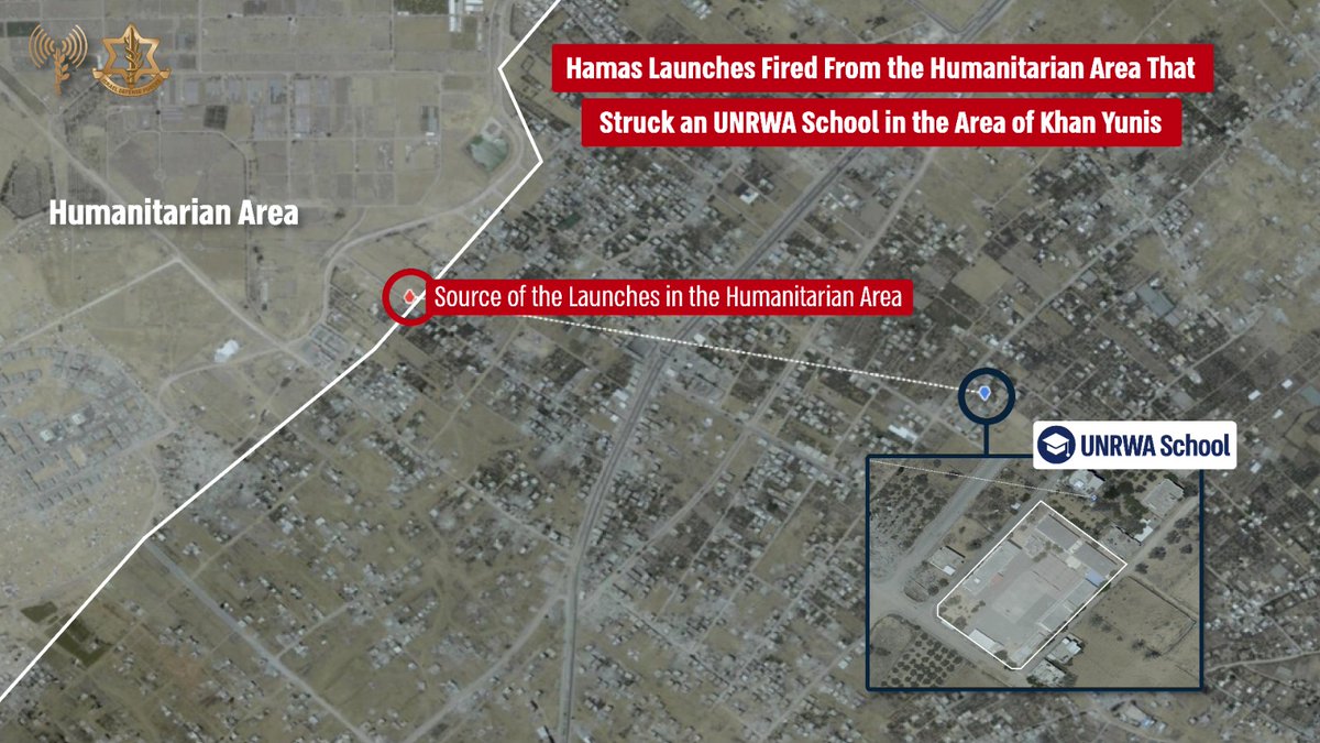 Cohetes lanzados ayer por Hamas desde la zona humanitaria designada por Israel en la Franja de Gaza impactaron una escuela administrada por las Naciones Unidas en Khan Younis, matando e hiriendo a palestinos, dice el ejército israelí. Según el ejército israelí, recibió informes de organizaciones de ayuda internacionales de que dos civiles murieron y varios más resultaron heridos después de que los cohetes impactaran en la escuela Al-Qarara de la UNRWA. El ejército israelí dice que los cohetes fueron disparados por Hamás desde la zona humanitaria, pero no lograron cruzar la frontera hacia Israel y no alcanzaron la escuela de Khan Younis. En una acción coordinada por COGAT y la Organización Mundial de la Salud, los palestinos heridos fueron trasladados a un hospital de campaña dirigido por el Cuerpo Médico Internacional en Deir al-Balah, en el centro de Gaza, añade el ejército israelí.