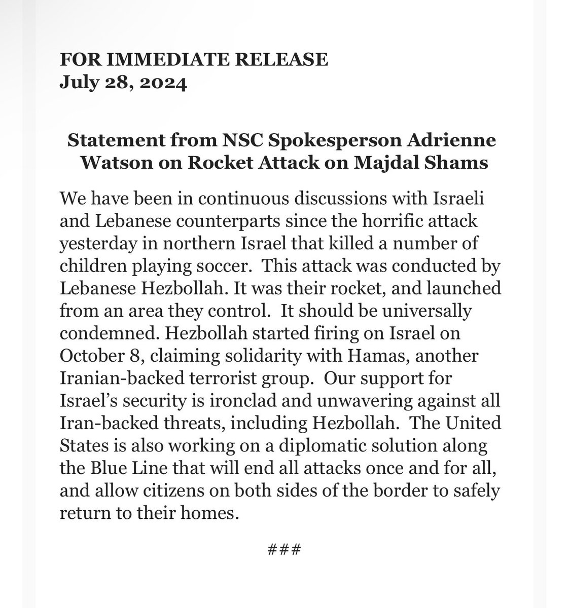 US NSC statement names Hezbollah as the responsible party for yesterday's attack in Israel