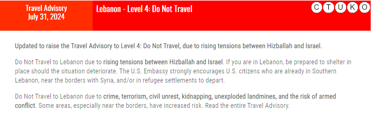 Several airlines have cancelled flights to Israel for the next few days in light of rising tensions in the region. Additionally, the US has issued a Do Not Travel advisory on Lebanon