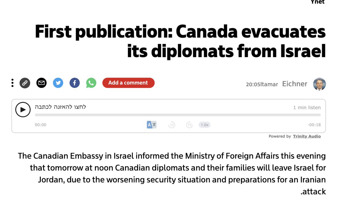 Canadian diplomats and their families will leave Israel tomorrow due to the security situation - Ynet