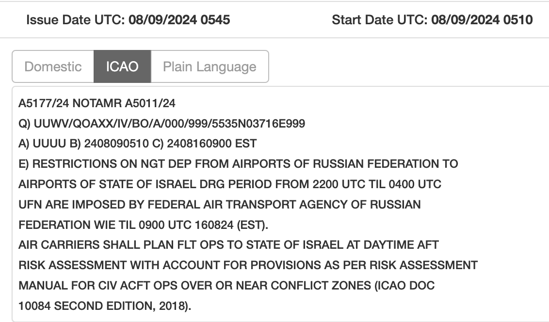 Russia prohibits carriers from flying over Israeli airspace between 22:00 UTC and 04:00 UTC from tonight until August 16th