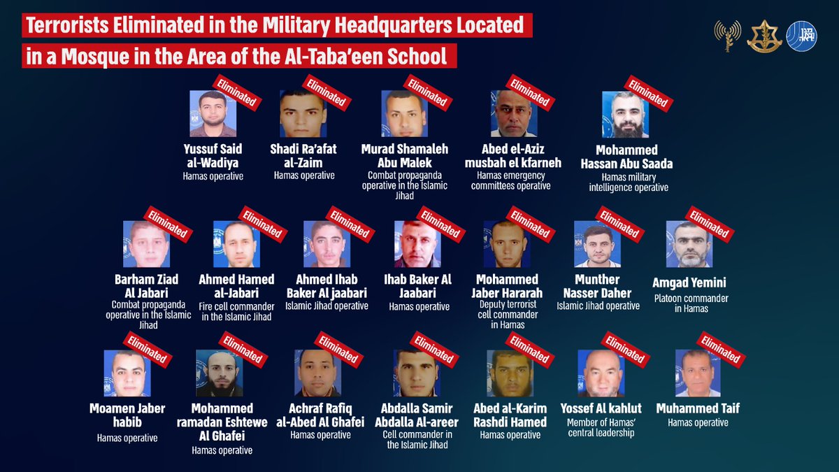 The Israeli military says it killed 19 Hamas and Islamic Jihad militants at a command and control center inside a mosque at the al-Tabaeen school compound. The militants promoted attacks against Israeli army troops and Israel