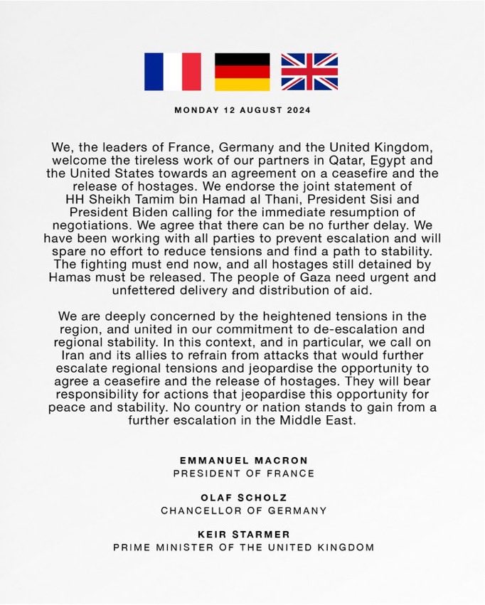 Leaders of UK, France and Germany call for a ceasefire and release of hostages as the slaughter mounts in Gaza