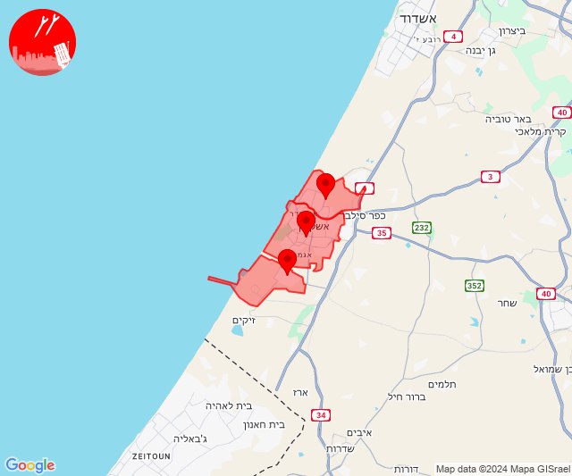 Alertas de ameaça de mísseis na área de Ashkelon