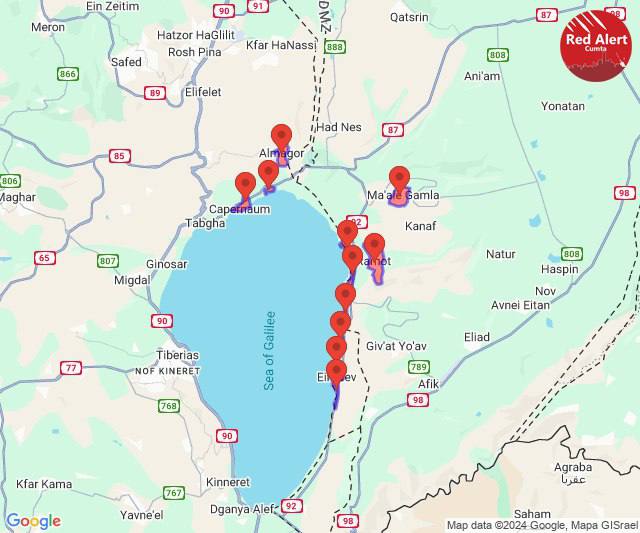 Rocket alert sirens in communities in the northern and eastern part of the Lake Kinneret