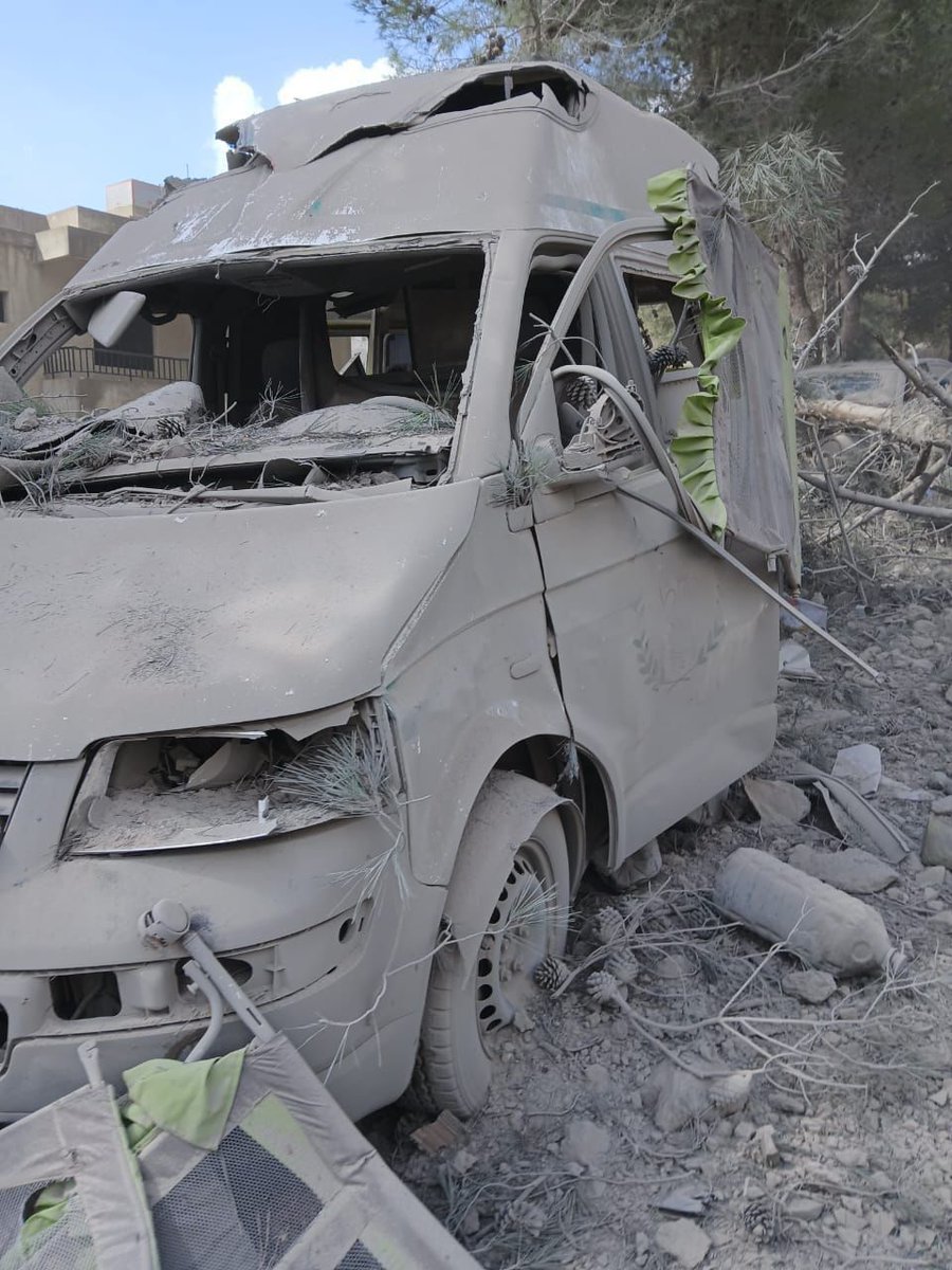 An ambulance was targeted in a raid in the town of Haris in southern Lebanon