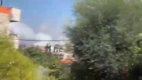 Moment of bombing of the town of Al-Kharayeb in southern Lebanon