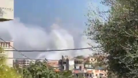 Moment of bombing of the town of Al-Kharayeb in southern Lebanon