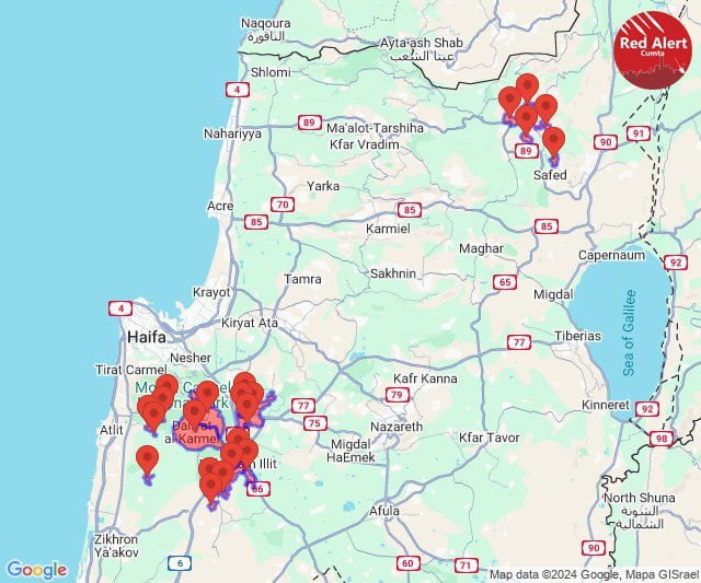 Sirenes de foguetes estão soando em várias cidades ao sul de Haifa, bem como na Alta Galileia.